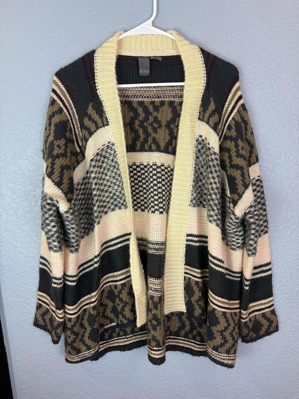 Quinn Sweater Womens Medium Multicolor Pattern Open Cardigan Knit Boho Cozy